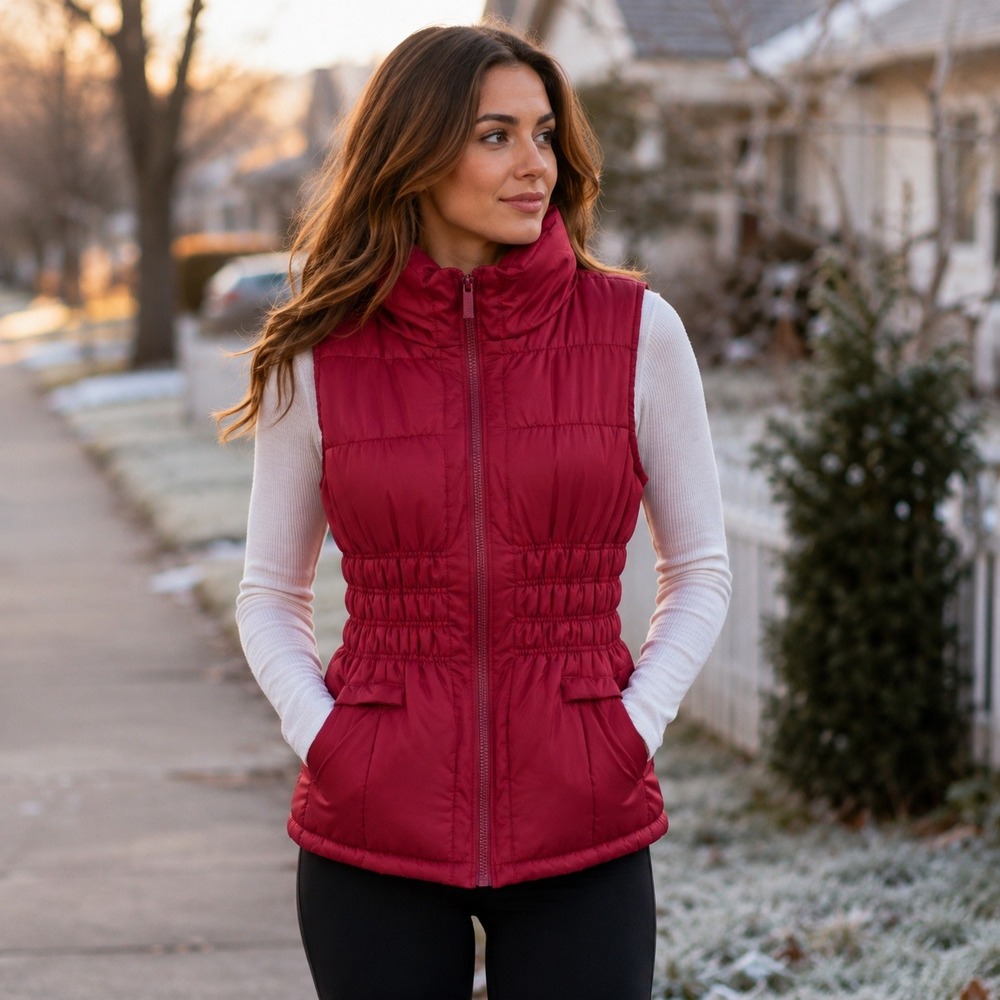 Womens Puffer Vest Mountain Lake Sleeveless‎ Quilted Padded Burgundy Small